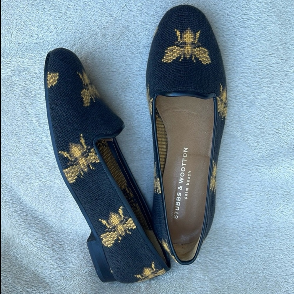 Stubbs & Wootton Navy Knit Bee-Embroidered Flats with Gold Accents